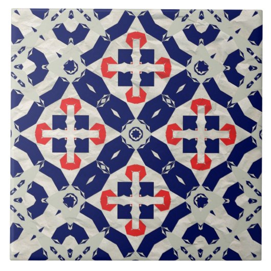 Levendig Kruis Mozaïek in Marine Blauw, Rood en Gr Tegeltje (Voorkant)