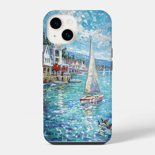 Levendig kustkunstwerk - Zeilboten, vuurtoren & iPhone Hoesje (Achterkant)