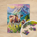 Levendig landelijk landschap met Koeien Legpuzzel<br><div class="desc">Een hartverwarmend hedendaags impressionistisch schilderij van een moeder koe en haar kalf in een serene landelijke bergweide, tot leven gebracht met felle, levendige kleuren en dikke abstracte penseelstreken. De dynamische streken leggen de vredige band tussen de dieren vast, terwijl de rijke tinten van groen, blauw en aardse tonen een levendig,...</div>