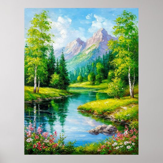 Levendig landschap met bergen, rivierlandschap poster (Voorkant)