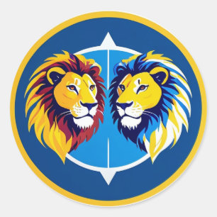Levendig Leeuwen Duo Embleem in Blauwe Cirkel Ronde Sticker