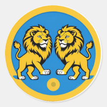 Levendig Leeuwen Duo Embleem in Blauwe Cirkel