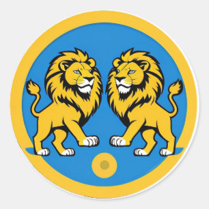 Levendig Leeuwen Duo Embleem in Blauwe Cirkel Ronde Sticker