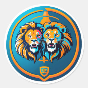 Levendig Leeuwen Duo Embleem in Blauwe Cirkel Ronde Sticker