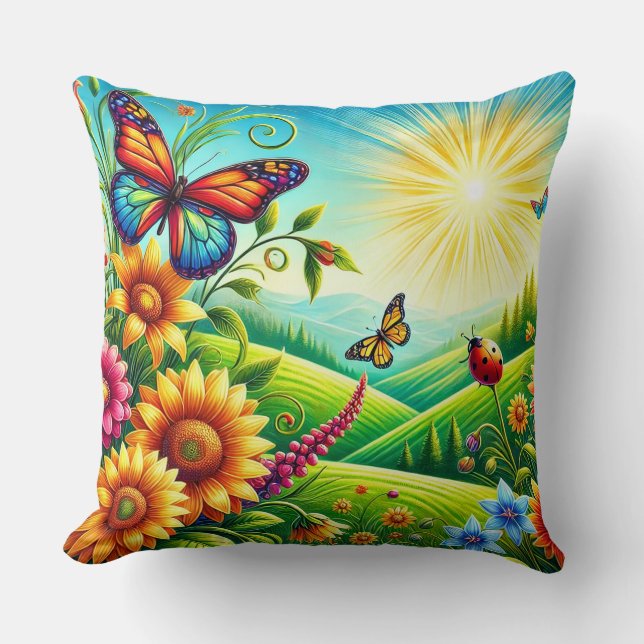 Levendig Lentelandschap Met Bloemen Kussen (Voorkant)