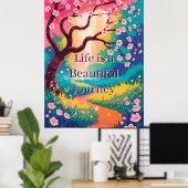 Levendig lentepad onder bloeiende kersenbloesem poster (Thuiskantoor)