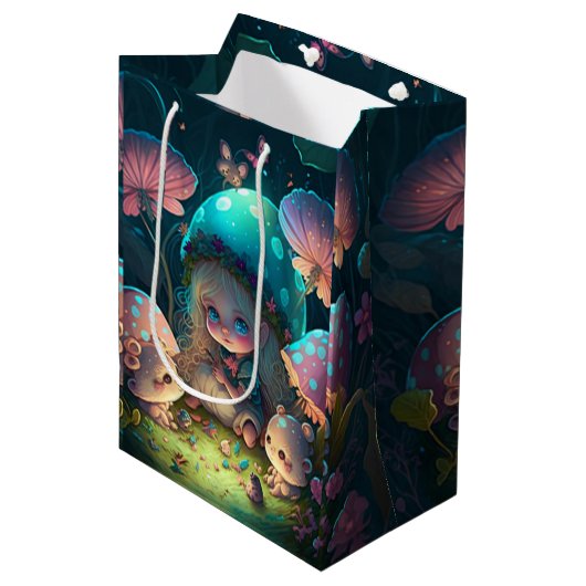 Levendig leuke elves spelen onder paddenstoelen ca medium cadeauzakje (Voorkant Gekanteld)