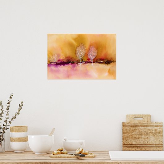 Levendig Magenta Bruin Abstract landschap met bome Poster (Keuken)