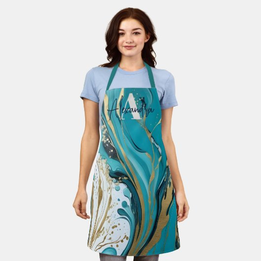 Levendig Marmer Blauwgroen Goud Wit Abstract Werve Schort (Gedragen)