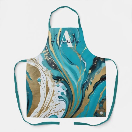 Levendig Marmer Blauwgroen Goud Wit Abstract Werve Schort (Voorkant)