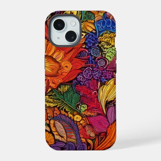 Levendig Maximalistisch Bloemmotief iPhone 15 Case (Achterkant)
