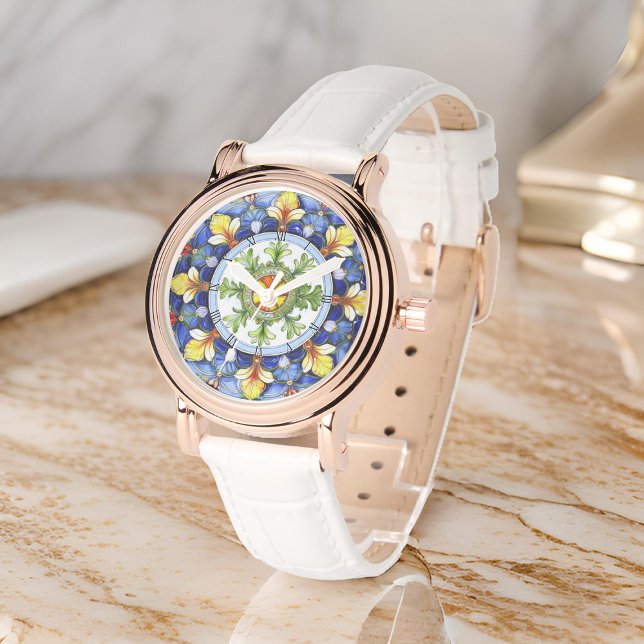 Levendig medaillon symmetrische bladeren Floral Ma Horloge (Zazzle Vibrant Medallion Symmetric Leafs Floral Majolica Watch)