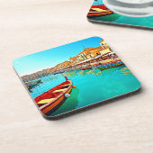 Levendig mediterraan ontwerp van havenleven bier onderzetter (Linkerzijde)