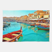 Levendig mediterraan ontwerp van havenleven theedoek (Horizontaal)