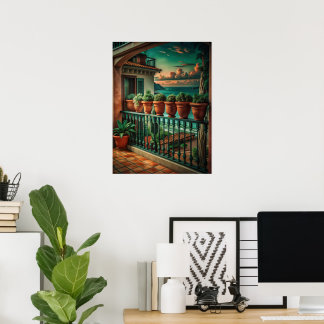 Levendig Mediterraans Balkon Zeezicht Kunst Poster