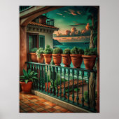 Levendig Mediterraans Balkon Zeezicht Kunst Poster (Voorkant)