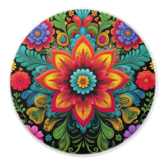 Levendig Mexicaans geïnspireerd bloemontwerp Keramische Knop (Voorkant)