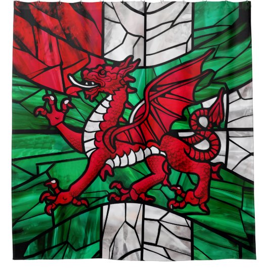 Levendig Mozaïek Welsh Flag Glas in lood Douchegordijn (Voorkant)