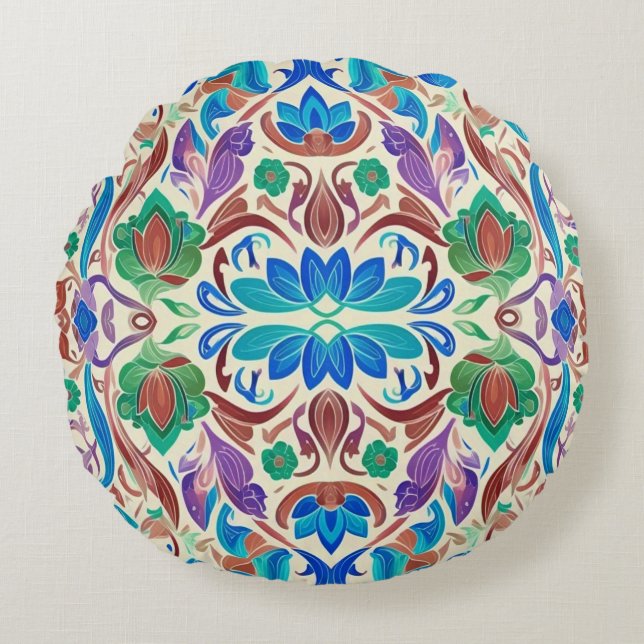 Levendig multicolor bloemenstof patroon ontwerp rond kussen (Voorkant)