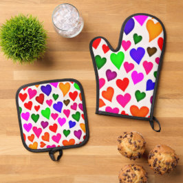Levendig multicolor hartpatroon ovenwant & pannenlap set