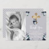Levendig Navy Blue Floral Baptisme Dank je kaarten (Voorkant / Achterkant)