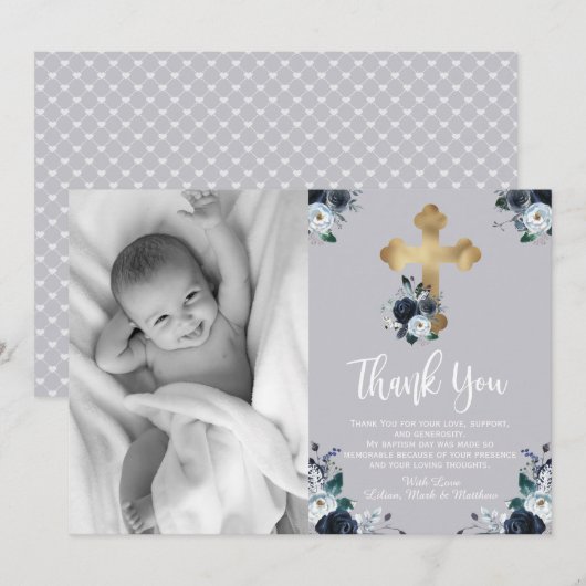 Levendig Navy Blue Floral Baptisme Dank je kaarten (Voorkant / Achterkant)