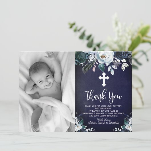 Levendig Navy Blue Floral Baptisme Dank je kaarten (Staand voorkant)
