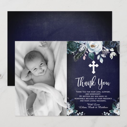 Levendig Navy Blue Floral Baptisme Dank je kaarten (Voorkant / Achterkant)