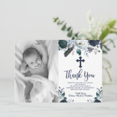 Levendig Navy Blue Floral Baptisme Dank je kaarten (Staand voorkant)