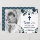 Levendig Navy Blue Floral Baptisme Dank je kaarten (Voorkant / Achterkant)