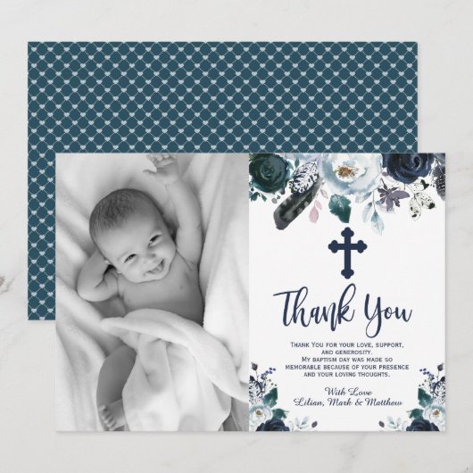 Levendig Navy Blue Floral Baptisme Dank je kaarten (Voorkant / Achterkant)