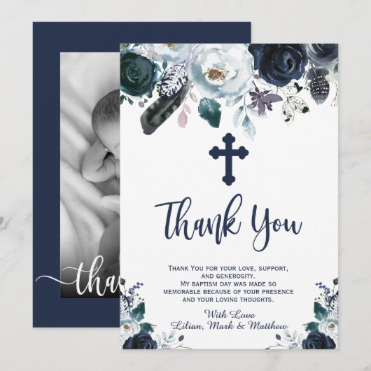 Levendig Navy Blue Floral Baptisme Dank je kaarten (Voorkant / Achterkant)