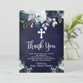 Levendig Navy Blue Floral Baptisme Dank je kaarten (Staand voorkant)