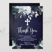 Levendig Navy Blue Floral Baptisme Dank je kaarten (Voorkant / Achterkant)