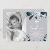 Levendig Navy Blue Floral Baptisme Dank je kaarten (Voorkant / Achterkant)