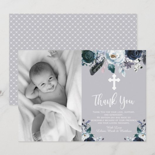 Levendig Navy Blue Floral Baptisme Dank je kaarten (Voorkant / Achterkant)