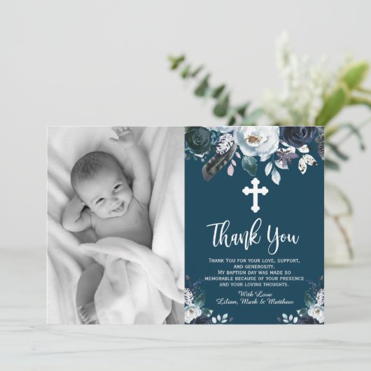 Levendig Navy Blue Floral Baptisme Dank je kaarten (Staand voorkant)