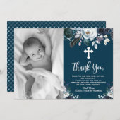 Levendig Navy Blue Floral Baptisme Dank je kaarten (Voorkant / Achterkant)