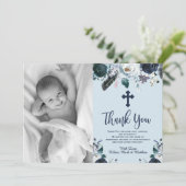 Levendig Navy Blue Floral Baptisme Dank je kaarten (Staand voorkant)