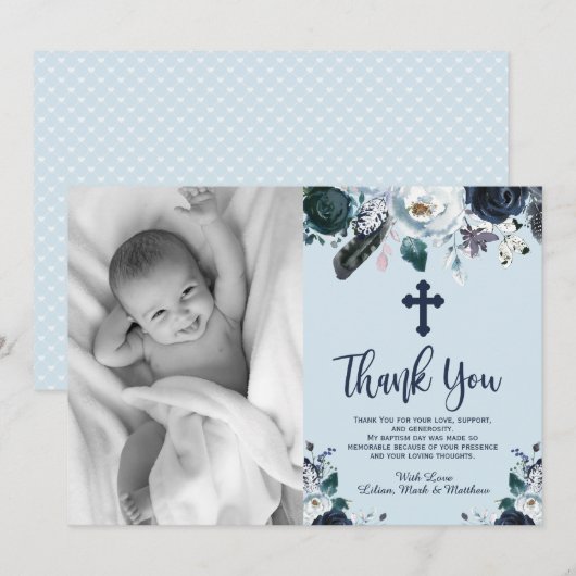 Levendig Navy Blue Floral Baptisme Dank je kaarten (Voorkant / Achterkant)