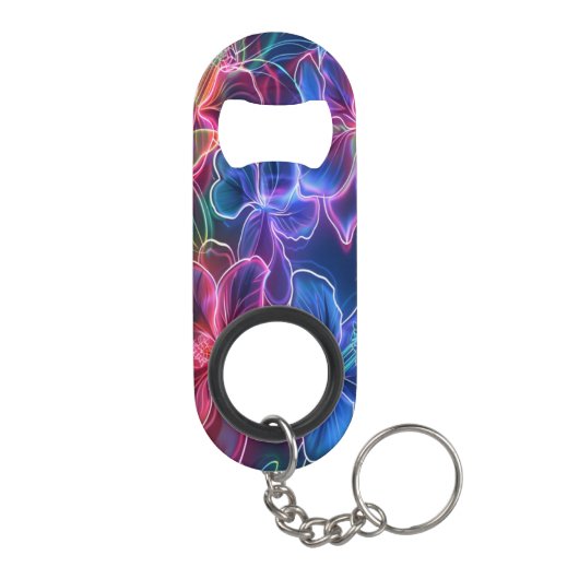 Levendig Neon Bloemen Patroon in Donkere Achtergro Mini Flessenopener (Achterkant)