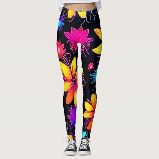 Levendig neonbloemenpatroon leggings (Voorkant)