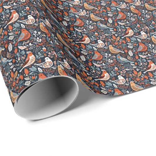 Levendig Noordse flora en vogelpatroon Cadeaupapier (Rol Hoek)