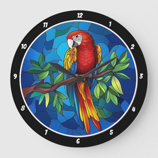 Levendig Oerwouden juweel" - Glazen in lood papega Grote Klok (Voorkant)