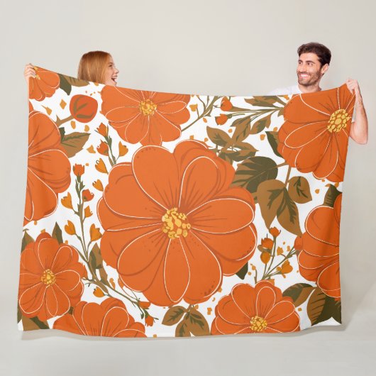 Levendig Oranje bloemmotief met bladeren Fleece Deken (In situ)