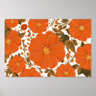Levendig Oranje bloemmotief met bladeren Poster