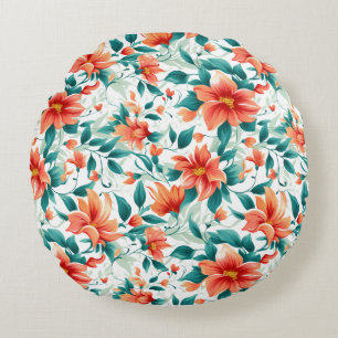 Levendig Oranje Bloemtuin Patroon - Elegante Thee Rond Kussen