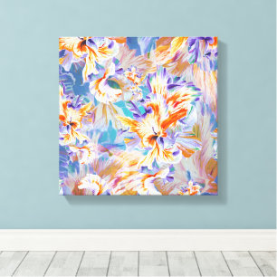 Levendig Oranje en Blauw Abstract Bloemenschilderi Canvas Afdruk