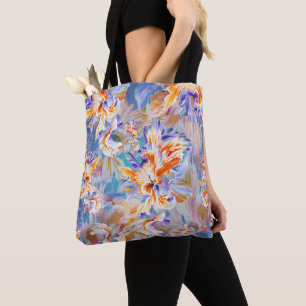 Levendig Oranje en Blauw Abstract Bloemmotief Tote Bag