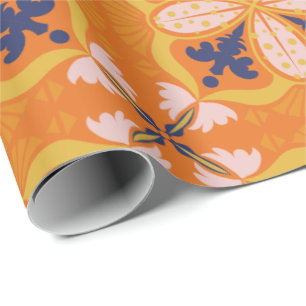 Levendig oranje en blauw bloempatroon cadeaupapier